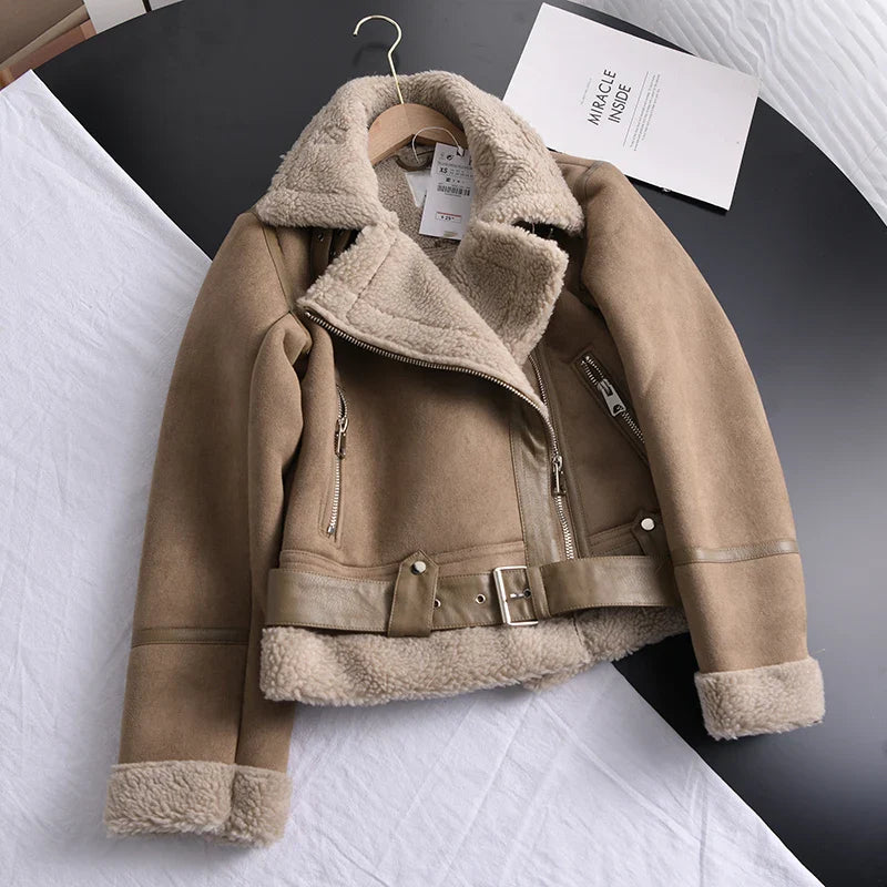 Winter Women Faux Shearling Sheepskin Leather Jackets Outwear Thick Parka Warm Suede Lamb Fur Jacket Short Motorcycle Biker Coat