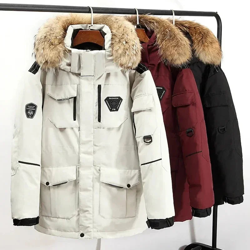 -30 Degree Winter Down Jacket Men Winter 90% White Duck Down Big Fur Collar Thicken Warm Parkas Casual Mid-length Overcoat Male