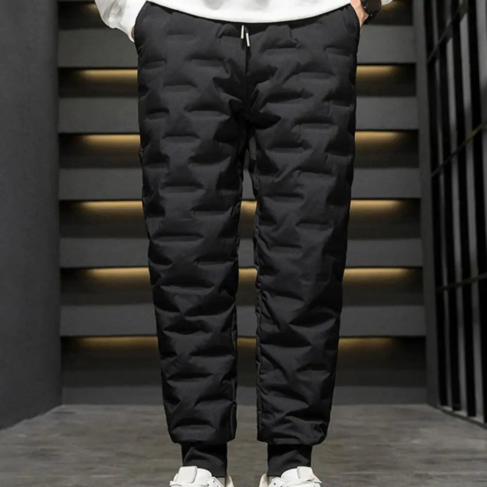 Men Fleece-lined Cotton Pants Winter Trousers Men's Winter White Duck Down Padded Thermal Sweatpants with Elastic for Streetwear