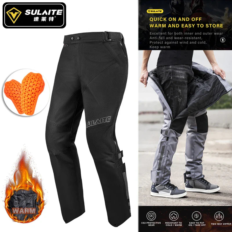 SULAITE Men's Motorcycle Pants Quick Release Winter Warm Quick Take Off Trousers Built in CE Protectors Waterproof Pants