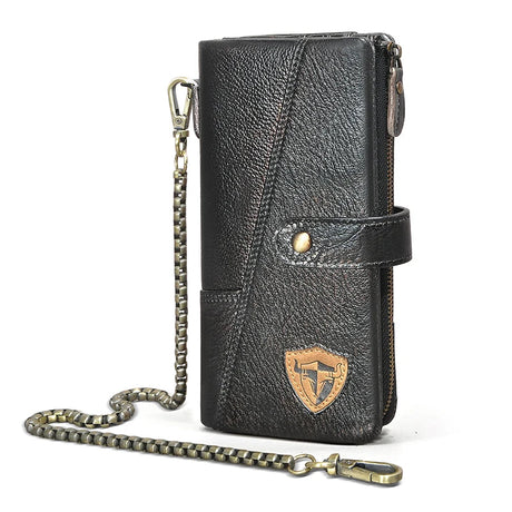 Hot Sale Real Cowhide Leather Travel Business Organizer Chain RFID Wallet For Men Long Zipper Male Purse Card Holder 1803