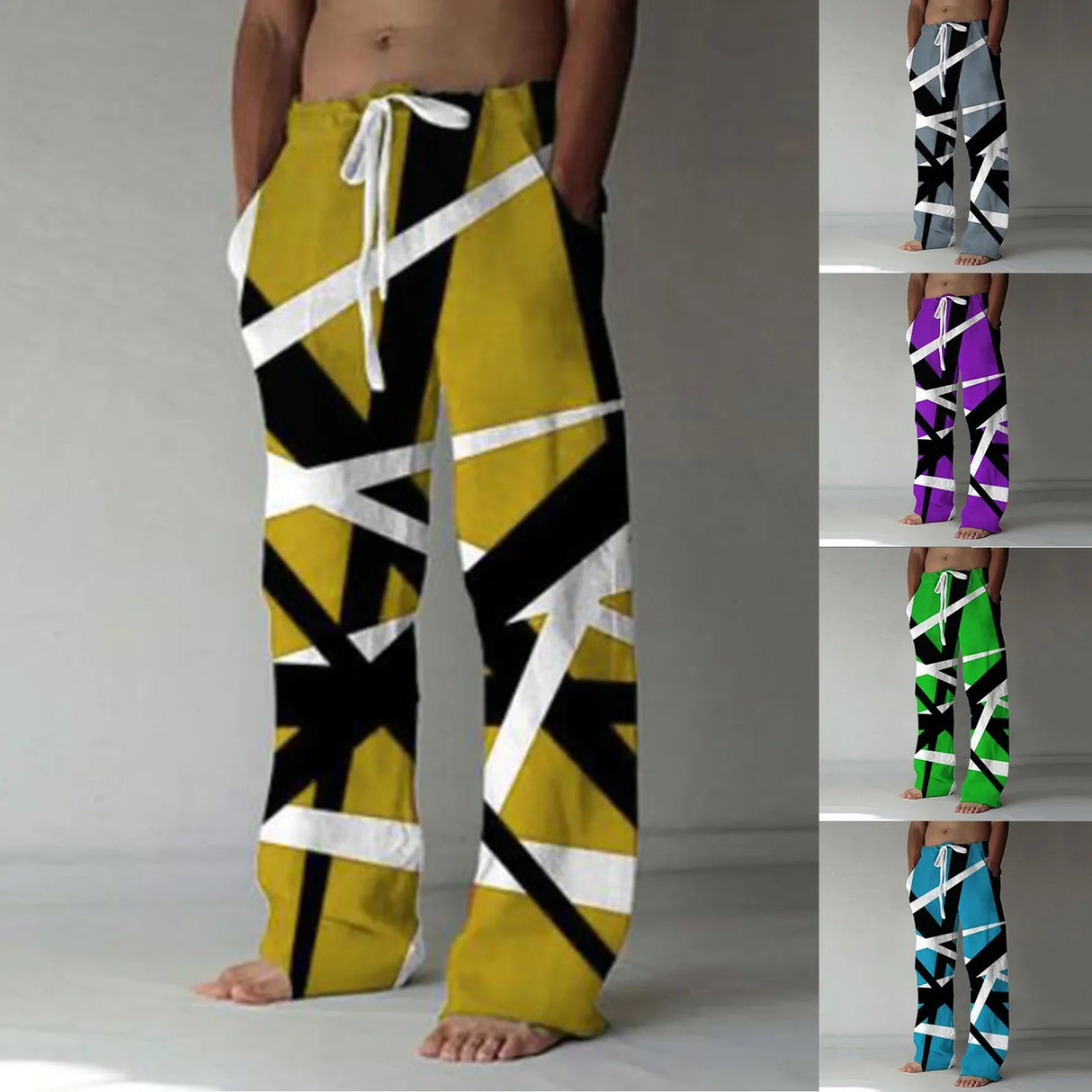 Mens Summer Fashion Casual Sweatpants Patchwork Color  Print Elastic Drawstring Pant Daily Outside Breathable Hip-hop Pants