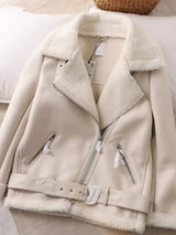 LY VAREY LIN Winter Women Faux Leather Lambs Wool Fur Collar Pu Moto Zipper Jacket Warm Thick Outerwear Faux Lamb Leather Jacket