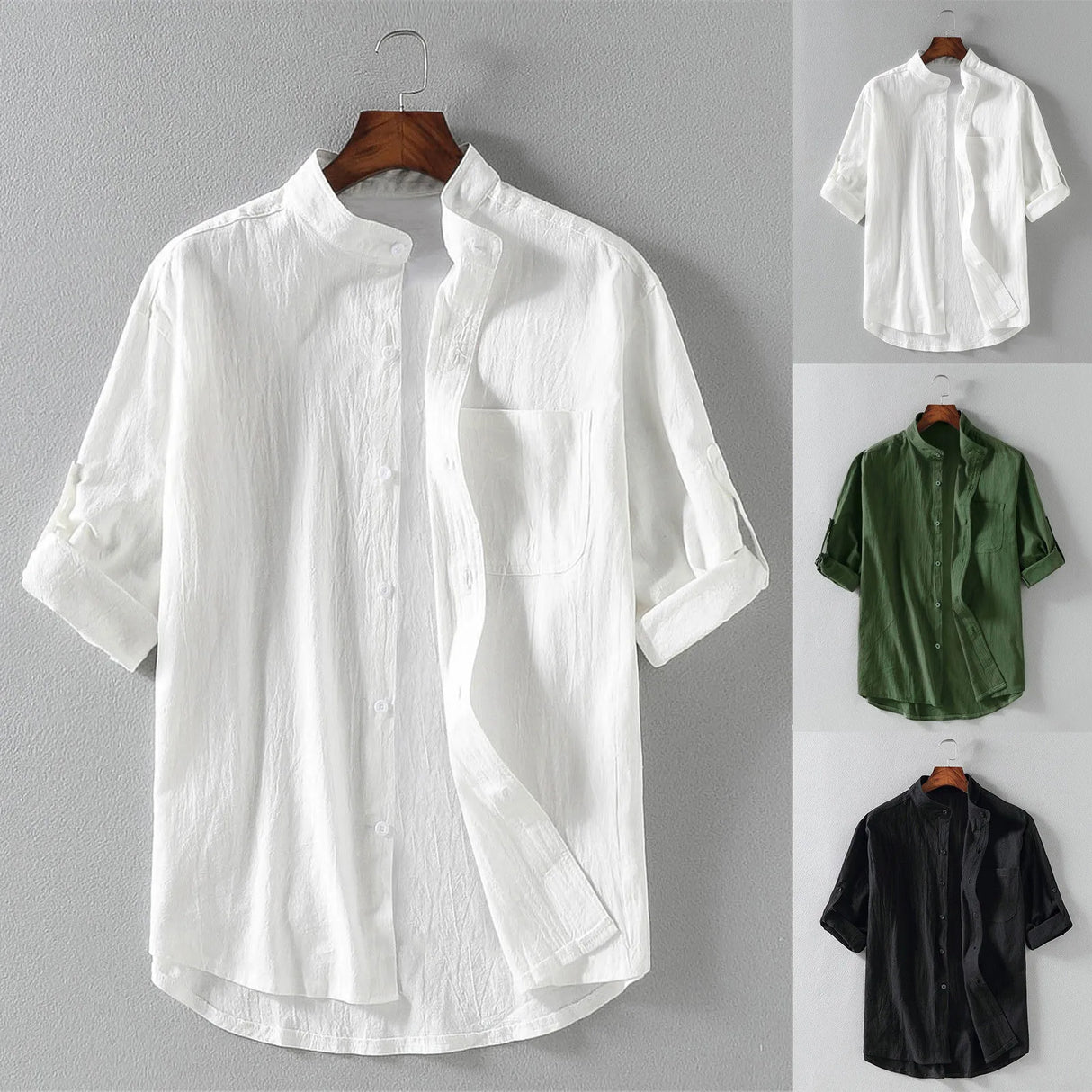 Men's Summer Shirts Stand-up Collar Five-point Mid-sleeve Shirt Cotton Linen Loose Solid Color Top Casual Thin Soft Blouse