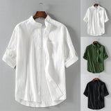 Men's Summer Shirts Stand-up Collar Five-point Mid-sleeve Shirt Cotton Linen Loose Solid Color Top Casual Thin Soft Blouse