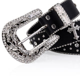 Black Cross Rivet Belt Engraved Buckle Rhinestone Decor PU Belt Hip Hop Jeans Pants Belt Punk Western Cowboy Cowgirl Belts 246