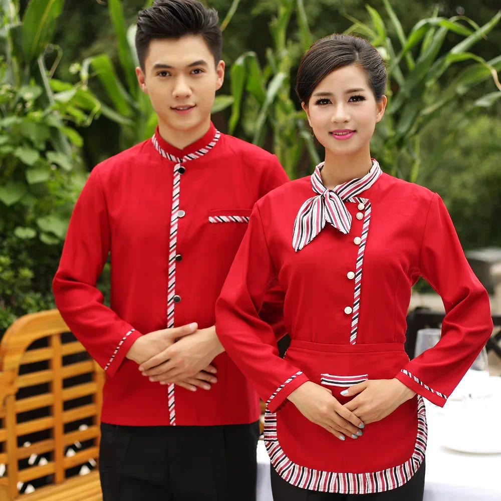 Long Sleeve Hotel Waiter Uniform Female Restaurant Top+apron Waitress Uniform Fast Food Service Work Wear Jacket for Man 89