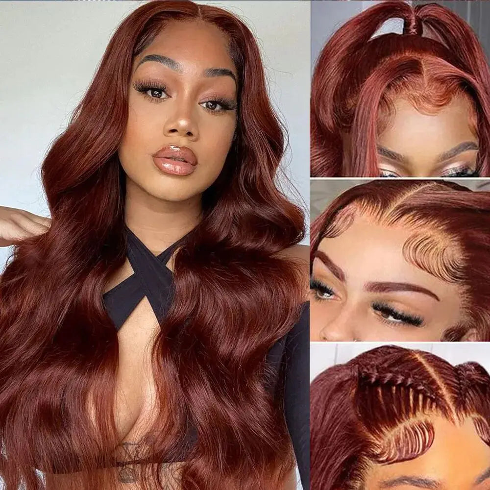 34 Inch Reddish Brown Body Wave Lace Front Wig 13x6 HD Lace Frontal Wig 13x4 Lace Front Human Hair Wigs Body Wave Closure Wig