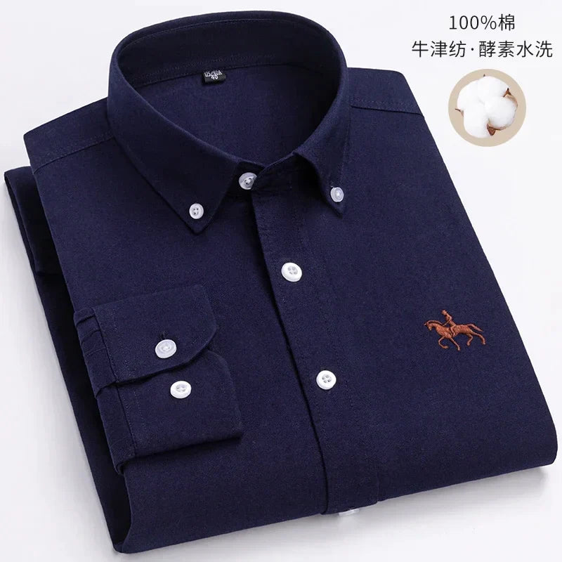 2023 100% Cotton Oxford Man Leisure Embroidered Horse Shirts Streetwear Oversized  Men Shirt Floral Long Sleeve Casual Plus Size