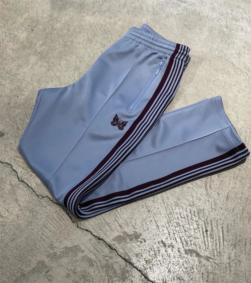 New style  Purple Stripe Needles Sweatpants Men Women White Embroidered Butterfly Awge Needles Drawstring Track Pants