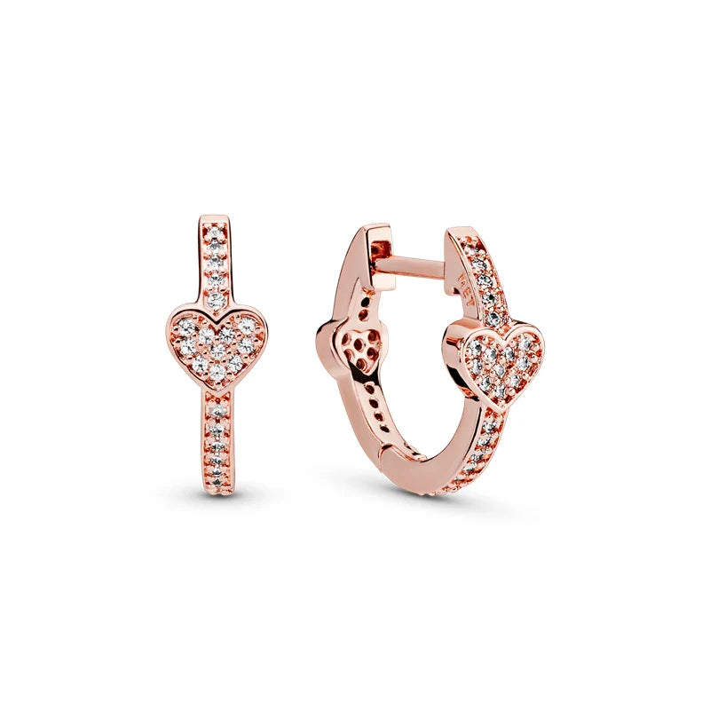 Rose Gold Hoop Earrings For Women 925 Silver Original Pave CZ Heart Ciecle Star Moon U Shape Earrings Luxury Wedding Jewelry