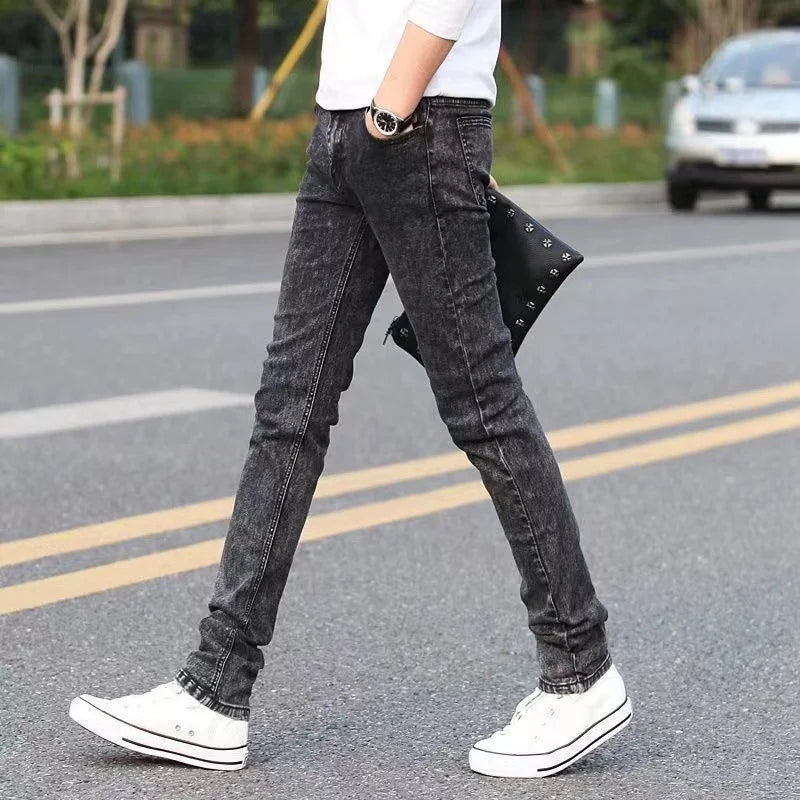 Fashion Mens Slim Fit Denim Pencil Pants High Quality Black White Skinny Stretch Jeans Mens High Street Jeans Four Season