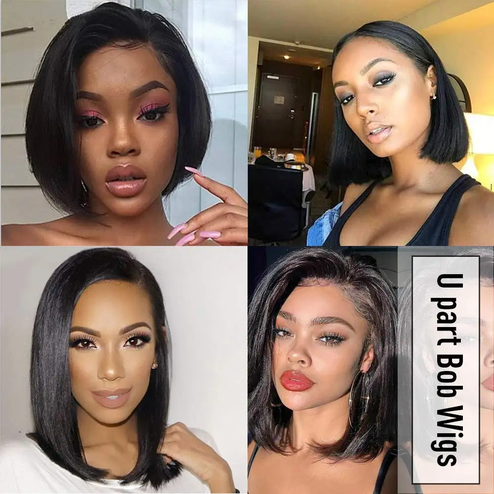 U Part Bob Wig Left Side U Part Wig Short Straight Human Hair Wigs for Black Women Brazilian Straight Bob Wigs with 180% Density