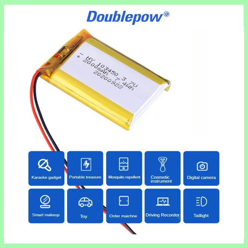 103450 3.7V 2000mAh Polymer Lithium Rechargeable Battery jst PH 2.0mm 2pin plug for Camera GPS navigator MP5 Bluetooth Headset