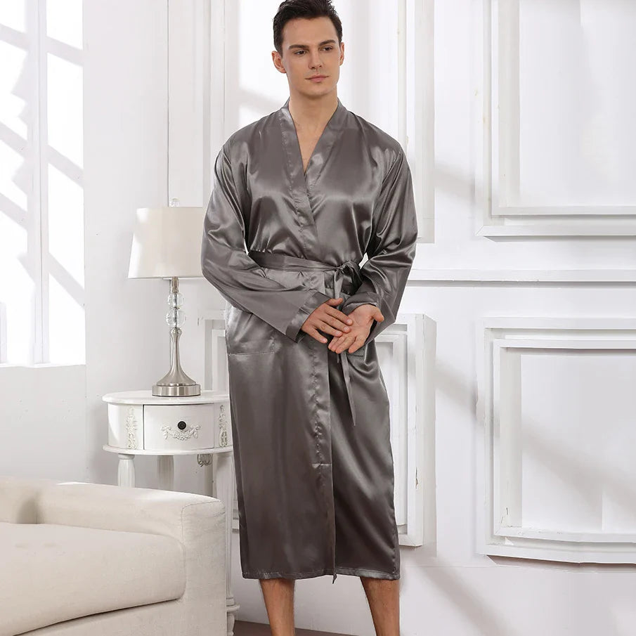 Plus Size 3XL Men Long Bathrobe Sleepwear Black Bridegroom Wedding Robe Spring Summer Sleepwear Nightwear Loose Satin Home Wear