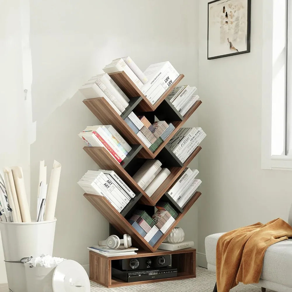 Tree Bookshelf, 5-Shelf Floor Standing Bookcase, Free Standing Magazines Books Tree Rack