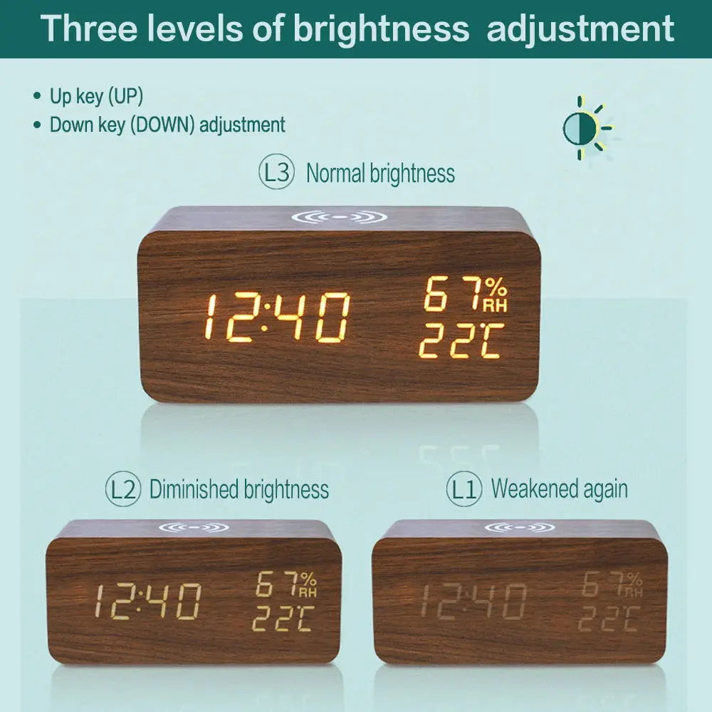 Wood Grain Digital Alarm Clock With Wireless Charging Home LED With Temperature And Humidity Display Clock Small Alarm Clock