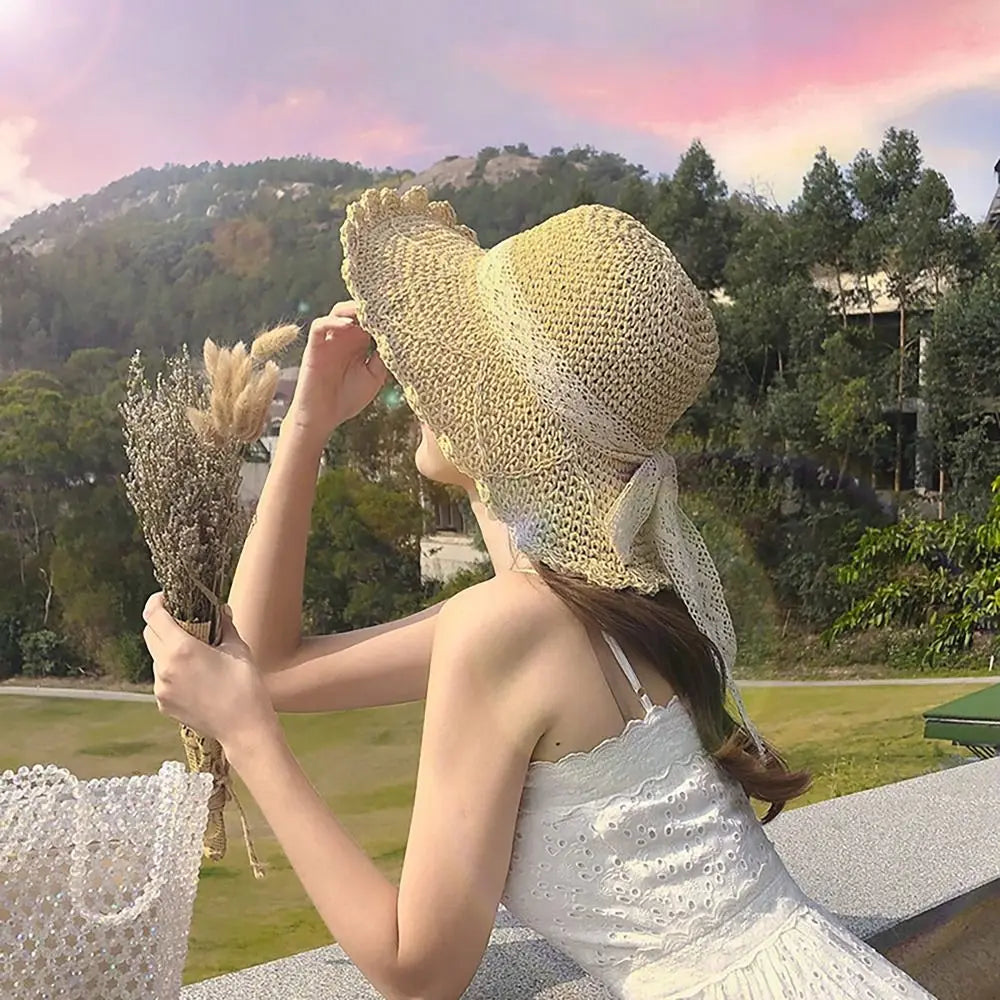 Big Lace Bow Straw Hat Foldable Wide Brim UV Protection Cover Hat Korean Version Summer Hats Travel