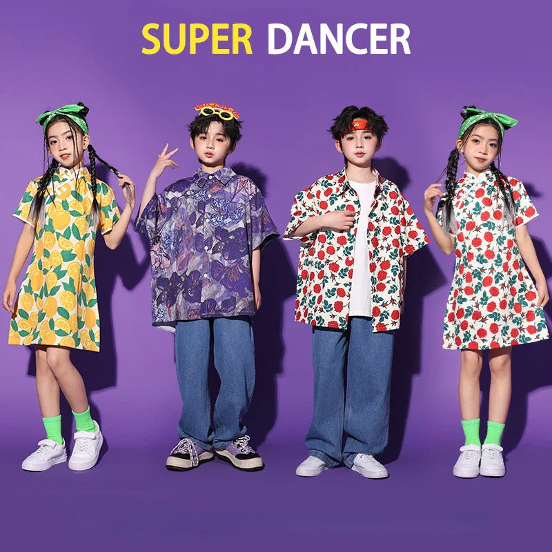 New Hip Hop Street Dance Clothes for Kids Print Short Sleeve Shirt Skirt Children Practice Wear Modern Jazz Performance Costumes