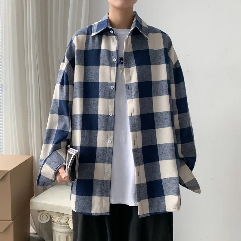 Long-sleeved plaid shirt men's spring Korean style trendy loose oversized plus size fat casual brushed plaid jacket