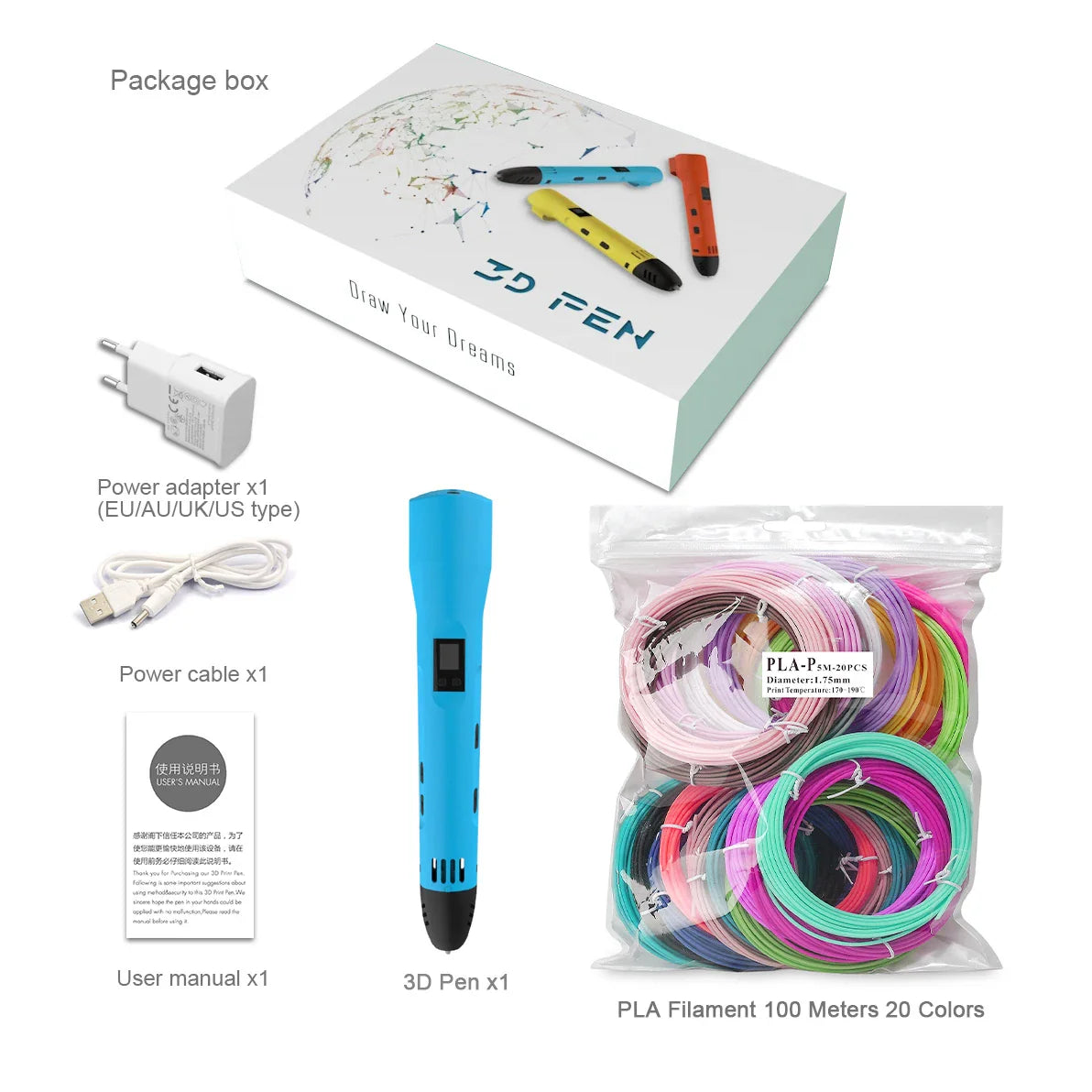 Innovative QCREATE 3D Pen with LCD Display, Adjustable Temperature & Speed, Includes 100m of PLA/PCL Filament