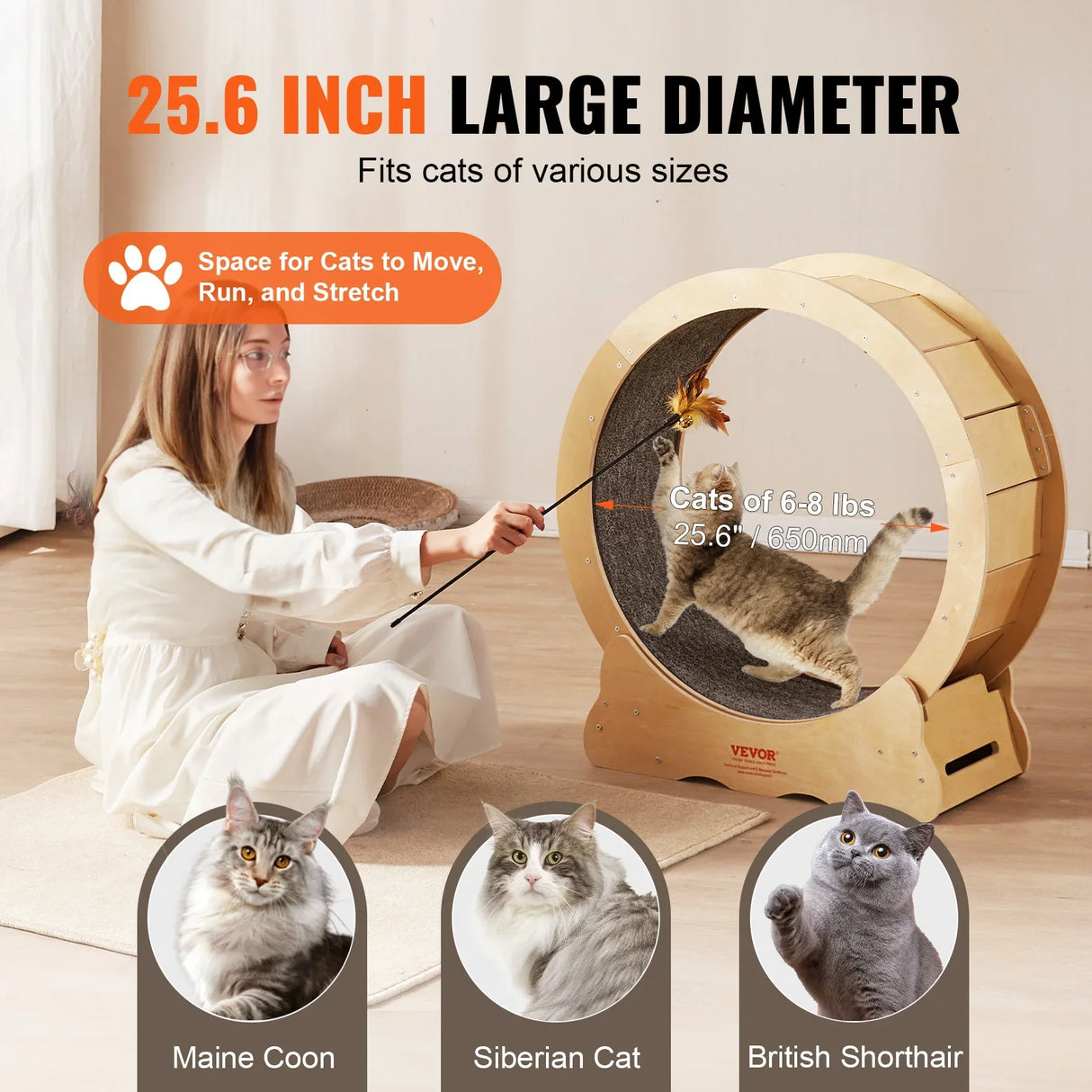 VEVOR Cat Exercise Wheel Natural Wood Silent Running Toy Treadmill Roller Wheel with Detachable Carpet for Most Cats Pet Fitness