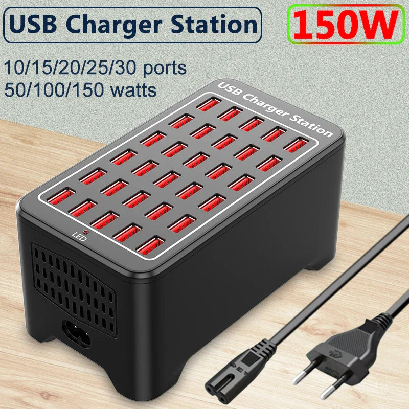 USB Charger 10 15 20 25 30 Ports HUB 150W Universal Desktop Fast Charging Station Multi Port Power Adapter for Mobile Phone