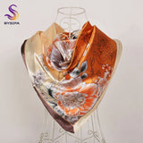 BYSIFA| Fall Winter Elegant Floral Design Scarves Shawls New Green Orange Square Silk Scarf 90*90cm Women Neck Head Scarf Hijab