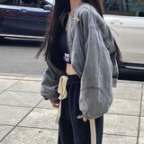 Grey Women Denim Jackets Y2k Cross Crop Hippie Streetwear 90s Oversize Zip Jackets Coat Harajuku Women's Clothing