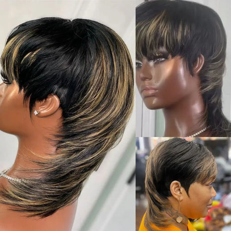 Mullet Wigs Short Pixie Cut Wigs Full Machine Made Wig With Bangs Dovetail Straight Highlight Blonde Remy Human Hair For Women