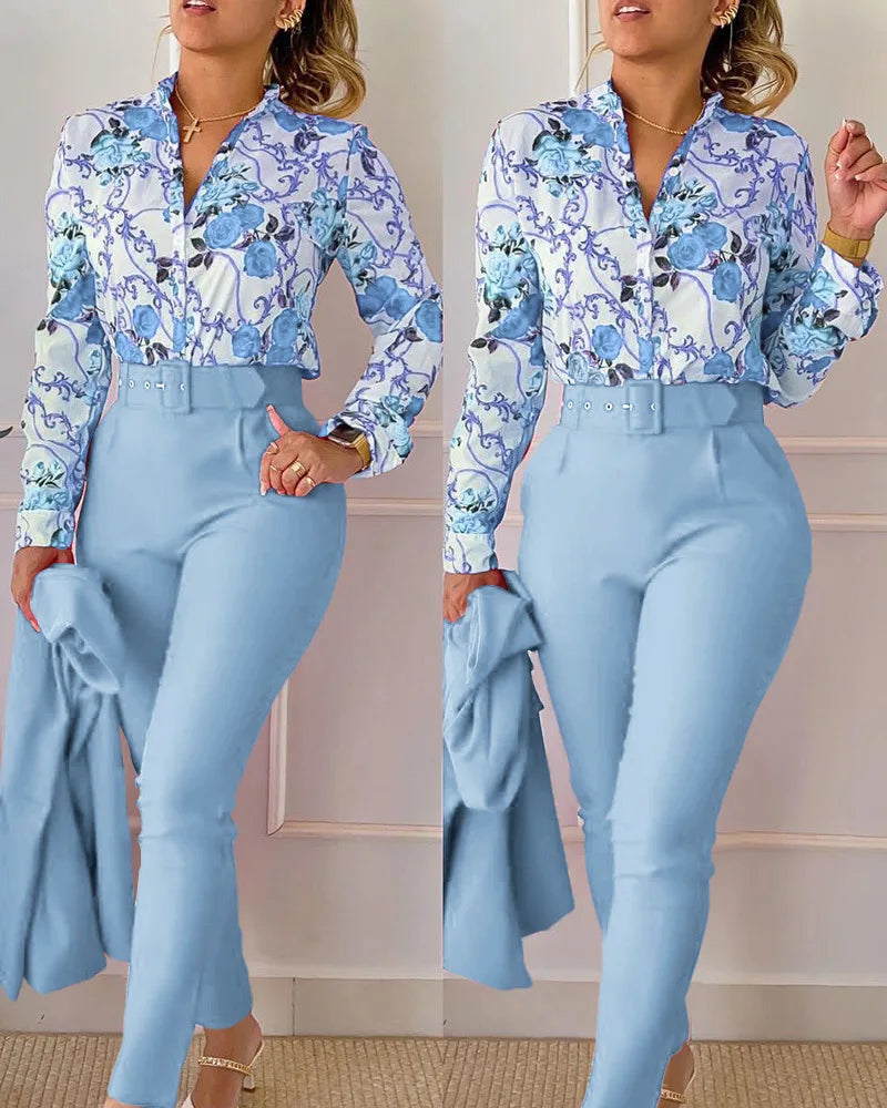 elegant print shirt and pants two piece sets women 2023 spring autumn fashion long sleeve shirts high waist pant casual suits