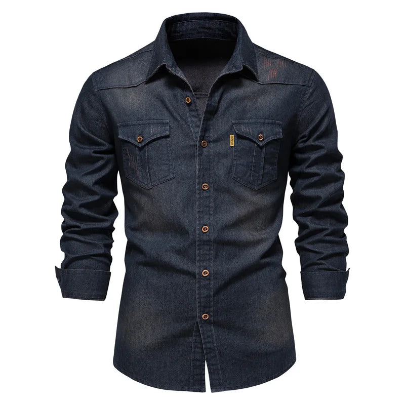 Men's Denim Shirt High Quality Cotton Elastic Spring Long Sleeve Denim Jacket Casual Slim Fit Streetwear Clothing Cowboy Shirts