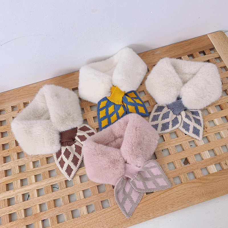 New Soft Plush Baby Girl Scarf Winter Cute Plaid Thick Warm Faux Fur Girls Scarves Bows Neck Warmer Neckerchief Children Kid