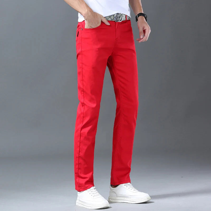 New Men's Pants Trend Temperament Casual Denim Jeans Elastic Straight Slim White Red Black Cool Trousers for Male