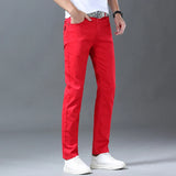 New Men's Pants Trend Temperament Casual Denim Jeans Elastic Straight Slim White Red Black Cool Trousers for Male