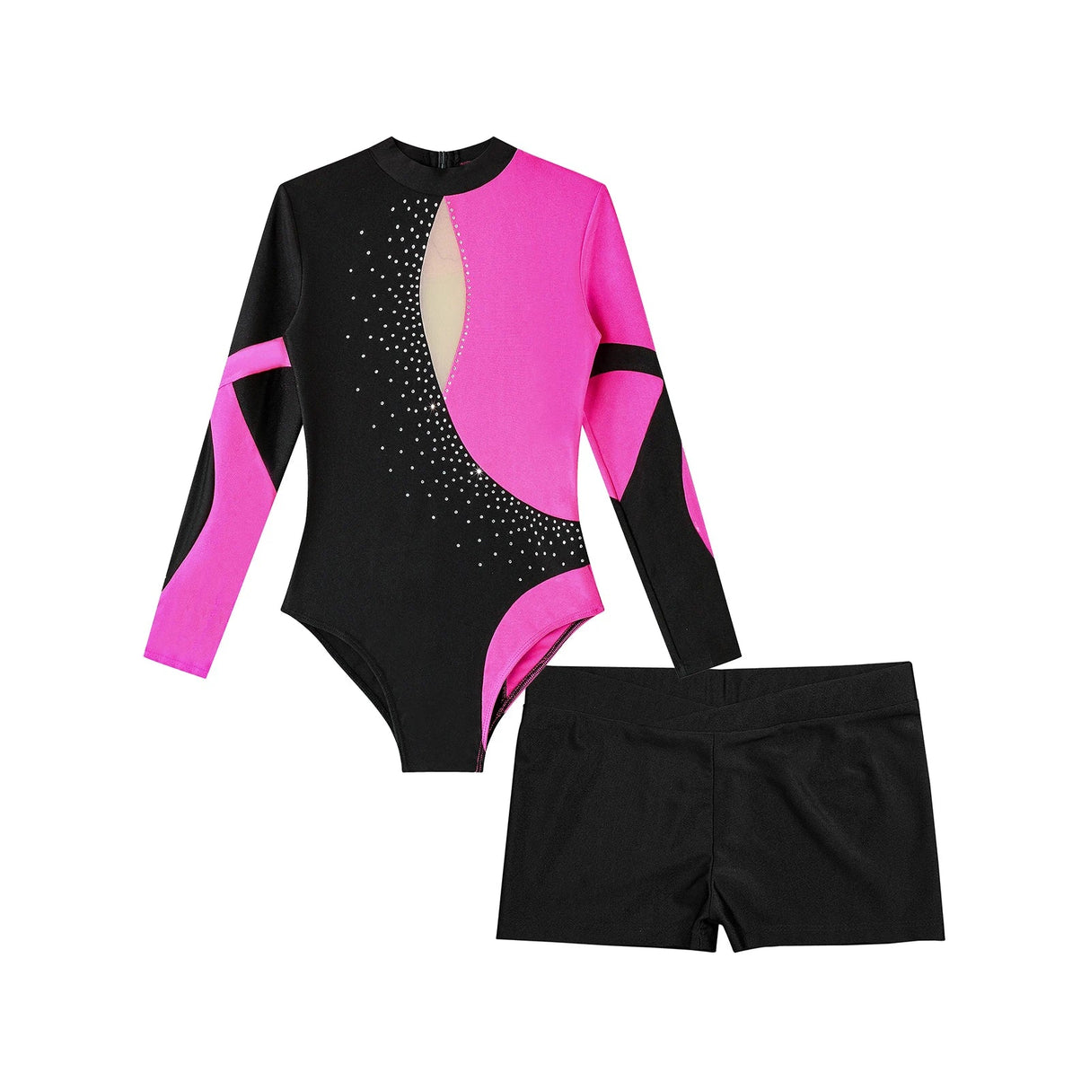 Kids Girls Ballet Gymnastic Leotard Skating Performance Costume Long Sleeve Backless Shiny Rhinestones Bodysuit with Shorts