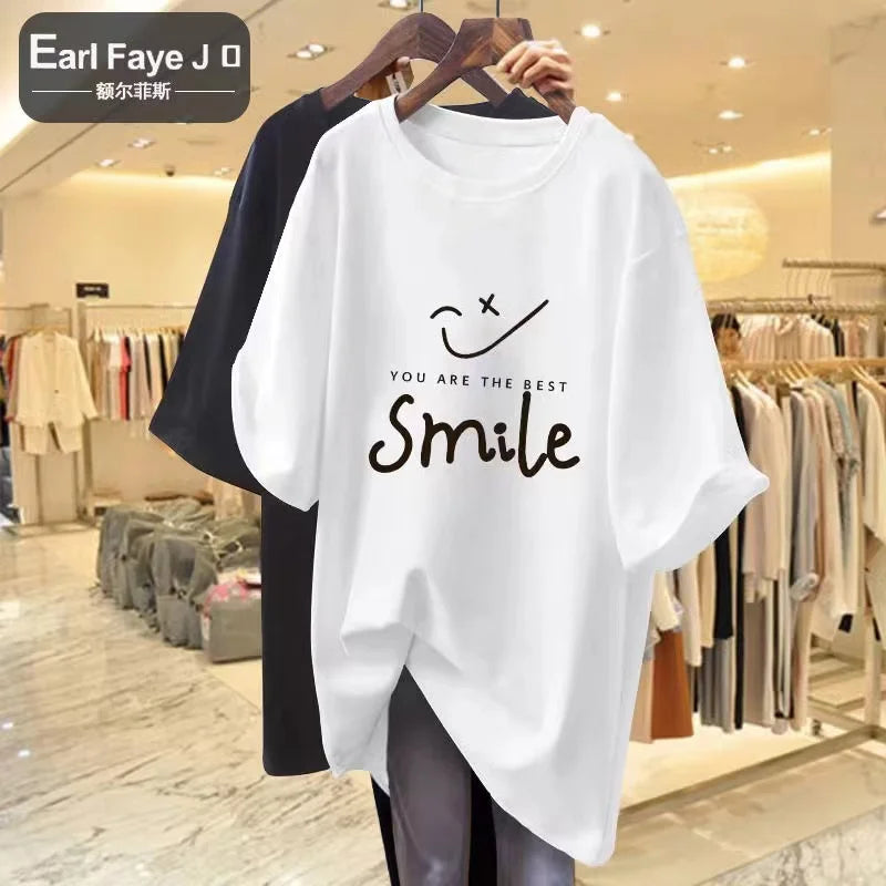 2023 Summer Plus Size Cotton T-Shirt Ladies Soft O-Neck Letter Print T-Shirt Oversized Short Sleeve T-Shirt Free Shipping