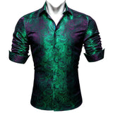 Luxury Silk Shirts for Men Green Paisley Long Sleeved Embroidered Tops Formal Casual Regular Slim Fit Blouses Anti Wrinkle 615