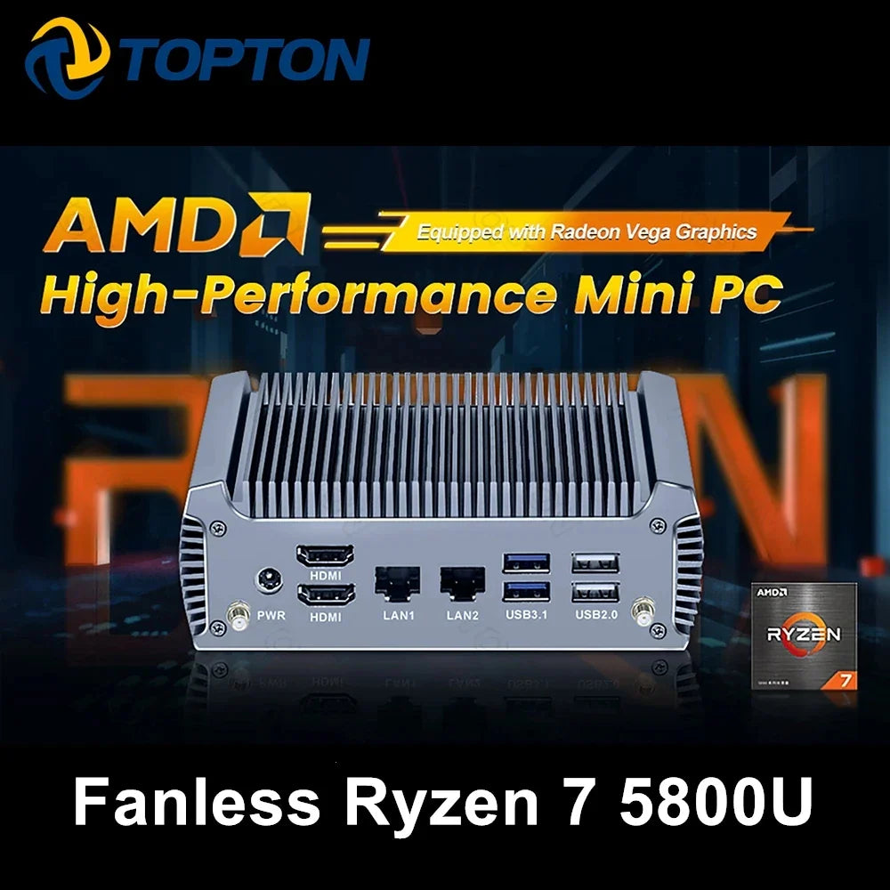 Topton Fanless Mini PC AMD Ryzen 7 7730U 8 Core 16 Threads Barebone PC Desktop Gaming Computer Windows 11 HTPC 2x4K WiFi6 BT5.2