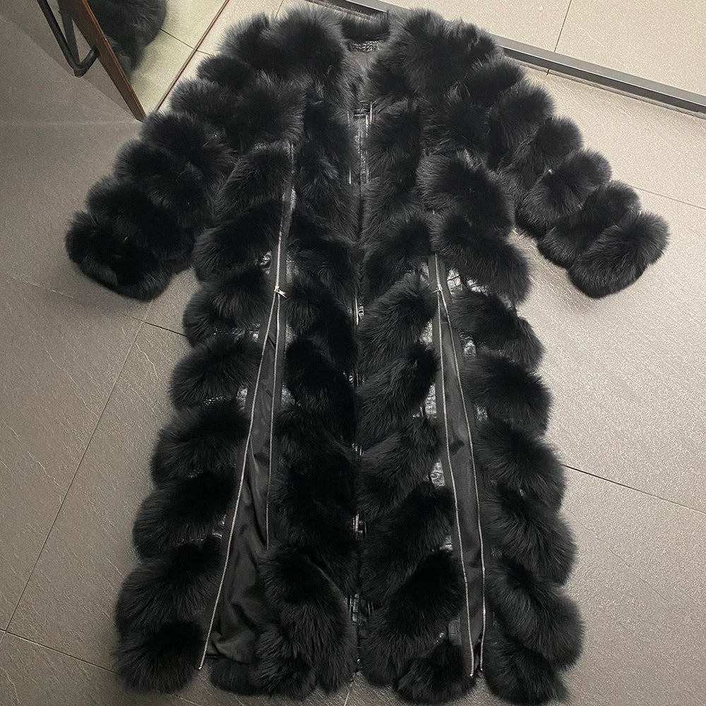 YOLOAgain 2024 Autumn Luxury Real Fox Fur Coat Long Women Genuine Leather Trench Coat Famale Outerwear