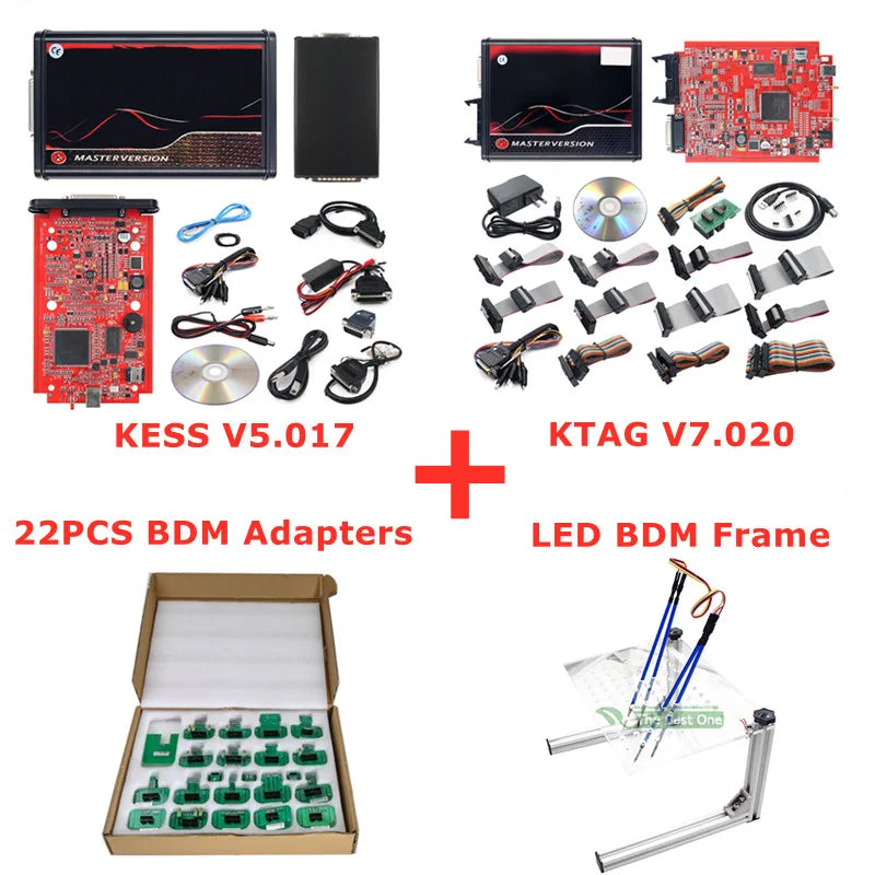 Online 2.80 EU Red Kess V5.017 OBD2 Manager Remap Kit KTAG V7.020 4 LED BDM Frame 22pcs Adapters K-TAG 2.25 ECU Flash Tool