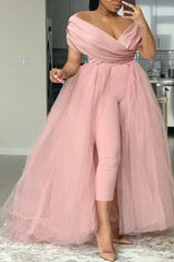 Plus Size Formal Casual One Piece Outfit Solid Off The Shoulder V Neck Tulle Jumpsuit (With Tulle Skirts)