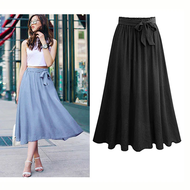 Casual Streetwear Plus Size Long Skirts Women Summer Chiffon Lace Up Bow Maxi Skirt Elegant Stretch High Waist Big Swing Faldas