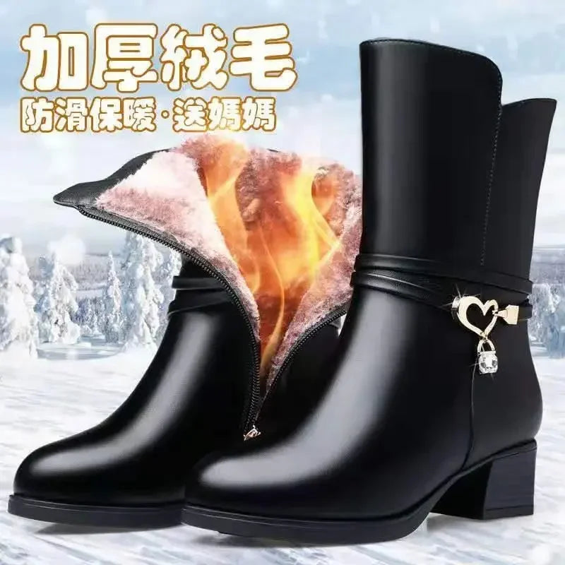 Mid-tube Boots Women's Winter Ankle Boots Female Students Thick-heeled New Mother Boots Round Toe Woman's Shoes Cotton Boots