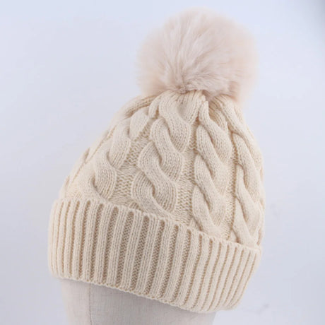 Warm Fleece Lined Hat Women Winter Beanies Cable Knitted Pom Pom Hat Plain Skullies Olive Green Black Grey White Beige Pink