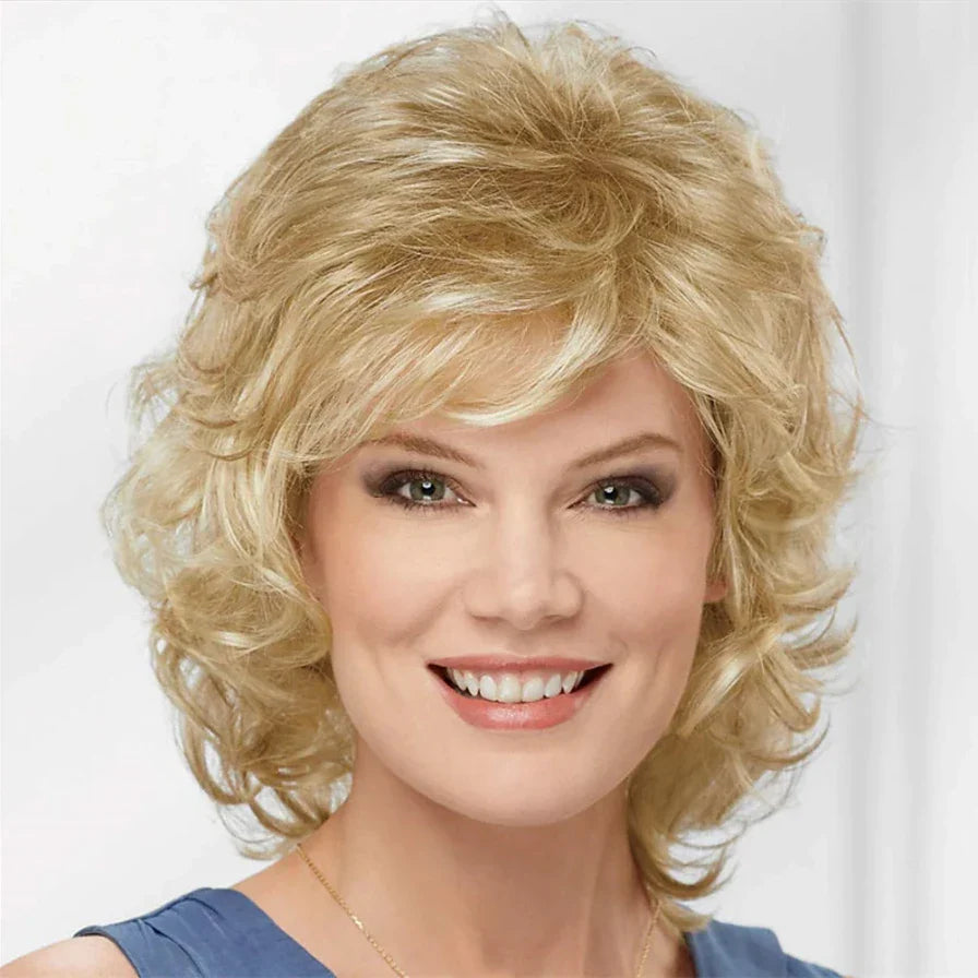 HAIRJOY Women Synthetic Hair Wigs Short Curly with Bangs  Shoulder Length Brown Blonde Grey White Wig