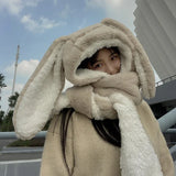 Fashion Scarf Hat Glove 3 Piece Women Plush Cute Big Ear Thicken Bunny Winter Warm Soft Thickening Pocket Hats Hooded Rabbit