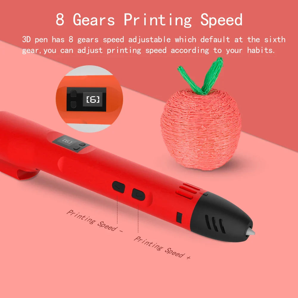 QCREATE Adjustable Temperature 3D Pen with LCD Display and 8 Speed Settings for ABS, PLA, HIPS, and PVA Filaments