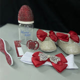 Dollbling Luxury Baby Bottles and Shoes Headband Set Keepsake Diamond Tutu Outfit Red Bottom Little Girl Baptism Shoes