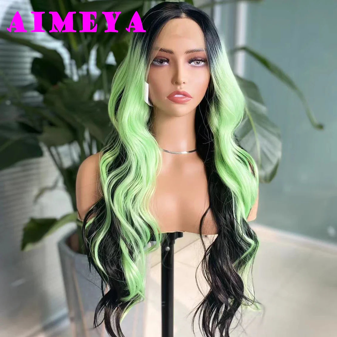 AIMEYA Ombre Green Synthetic Lace Front Wig for Women Dark Roots Highlights Wig Glueless Natural Hairline 13X4 Front Lace Wigs